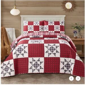 Country Star Patchwork Printed Lightweight King Quilt Set Farmhouse Red Black